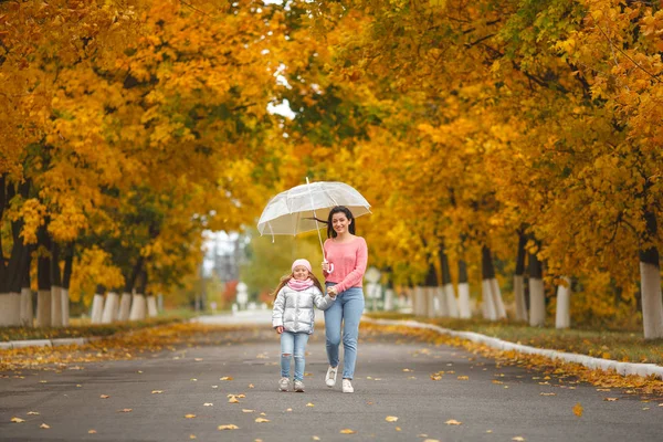 年轻漂亮的母亲与她的小女儿在秋季背景的乐趣 秋天快乐的家庭 — 图库照片