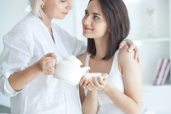 Mother Adult Daughter Together Indoors Happy Family Home Mid Adult — Stock Photo, Image