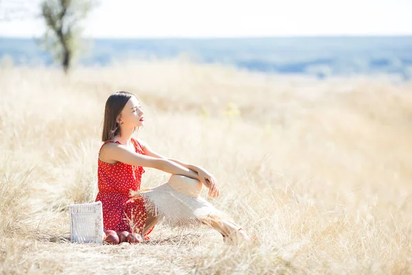 Atractiva Mujer Joven Aire Libre Fondo Natural Señora Vistiendo Vestido — Foto de Stock