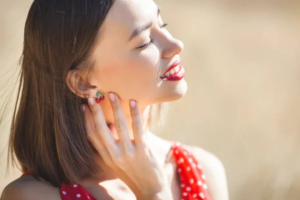 Attractive Young Woman Outdoors Natural Background Lady Wearing Red Dress — Stock Photo, Image