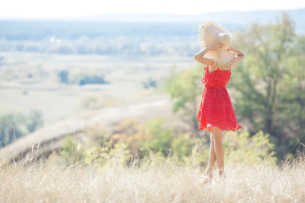 Attractive Young Woman Outdoors Natural Background Lady Wearing Red Dress — 스톡 사진