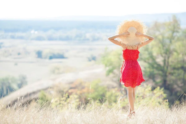 Attractive Young Woman Outdoors Natural Background Lady Wearing Red Dress — 스톡 사진