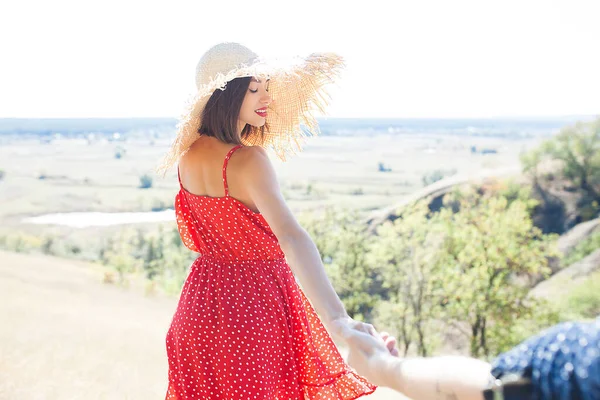 Attractive Young Woman Outdoors Natural Background Lady Wearing Red Dress — Stock Photo, Image