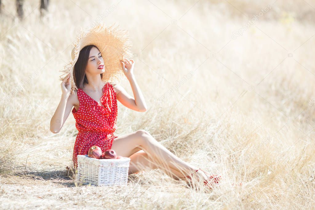 Portrait of young beautiful woman wearing straw hat on summer background. Female with fresh apples on the nature.