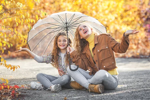 Duas Irmãs Bonitas Andando Juntas Fundo Outono Raparigas Alegres Conceito — Fotografia de Stock