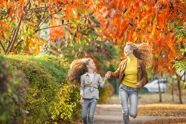 两个漂亮的姐妹在秋天的背景下走在一起 快乐的女孩 秋天的概念 — 图库照片