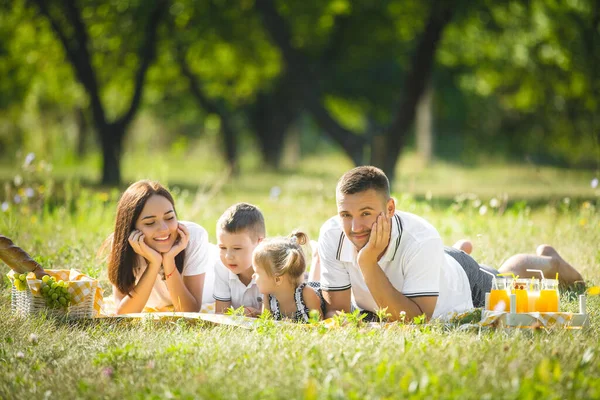 Linda Familia Picnic Mamá Papá Jugando Con Sus Hijos Aire — Foto de Stock