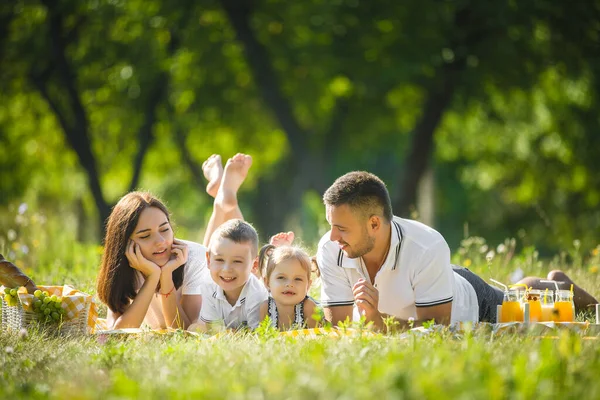 ピクニックでかわいい家族 ママとパパは公園の外で子供たちと遊んでる — ストック写真