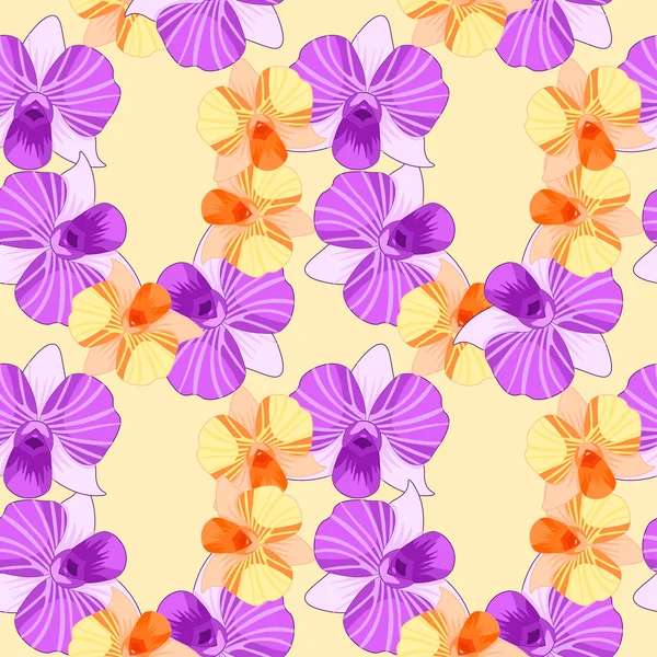 Dendrobium Orchidea seamless pattern violet and orange on a yell — Stock Vector