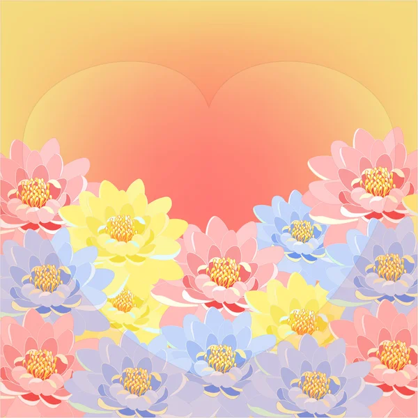 Tarjeta con flores de loto rosa del corazón. ilustración vectorial — Archivo Imágenes Vectoriales