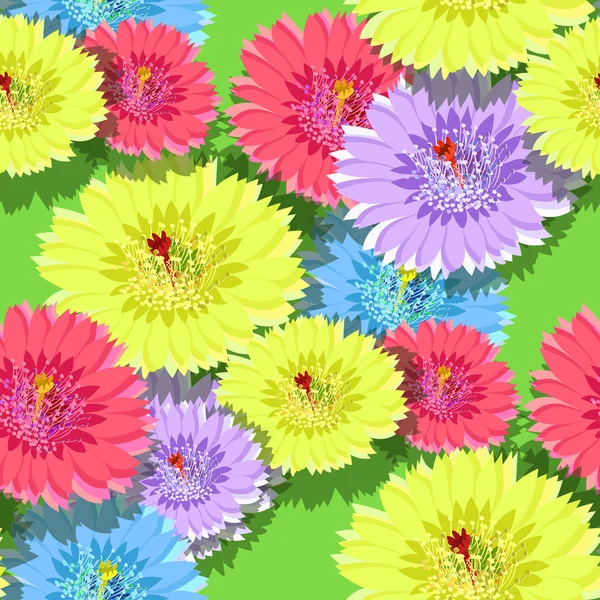 Naadloze patroon van cactus bloemen op een groene achtergrond. vector — Stockvector