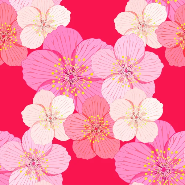 Seamless mönster Sakura är par blomma på en röd bakgrund. ve Stockillustration