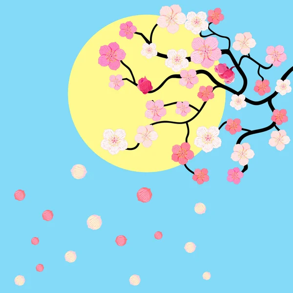 Tarjeta con flores cerezo japonés contra el cielo. illus vectorial — Archivo Imágenes Vectoriales