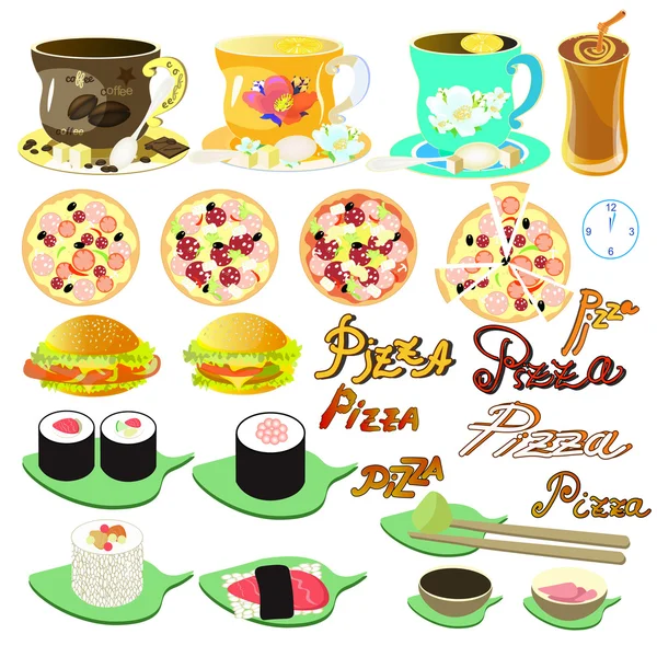 Uppsättning av japansk mat, te, kaffe, pizza, burgare. Vector illustr — Stock vektor