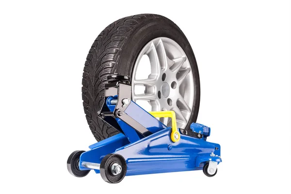 Blu auto Pavimento Jack con whell isolato — Foto Stock