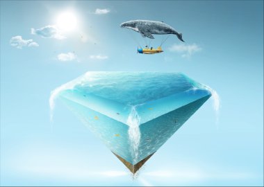Whale and girls flying over water island