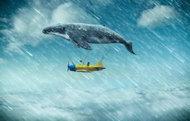 whale with aircraft and two girls over clouds
