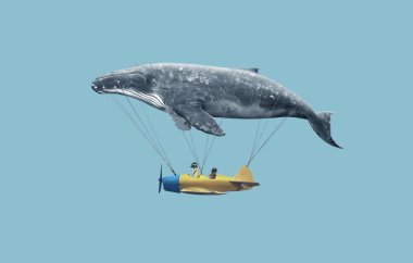 whale with aircraft and two girls over clouds