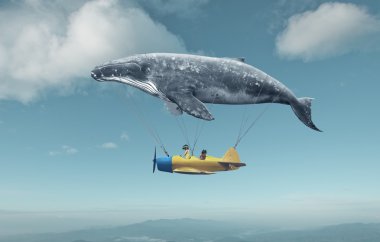 whale with aircraft and two girls over clouds