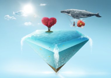 Whale and girls flying over water island