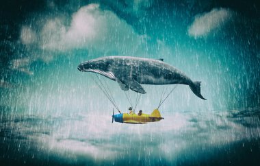 whale with aircraft and two girls over clouds