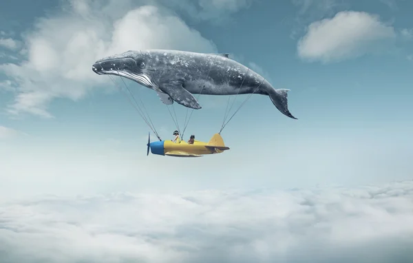 Whale with aircraft and two girls over clouds — Stock Fotó