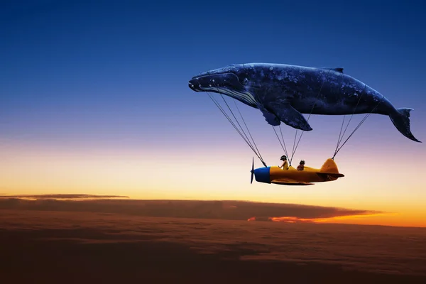 Whale with aircraft and two girls over clouds — Stok fotoğraf