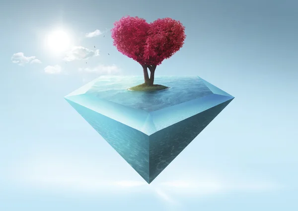 Île d'eau avec arbre en forme de coeur — Photo