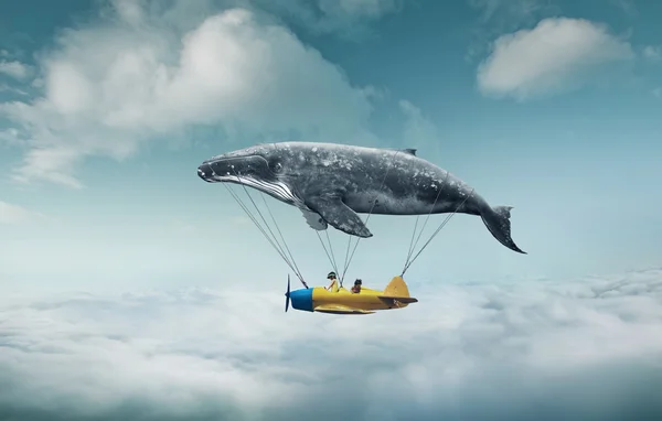 Whale with aircraft and two girls over clouds — Stockfoto