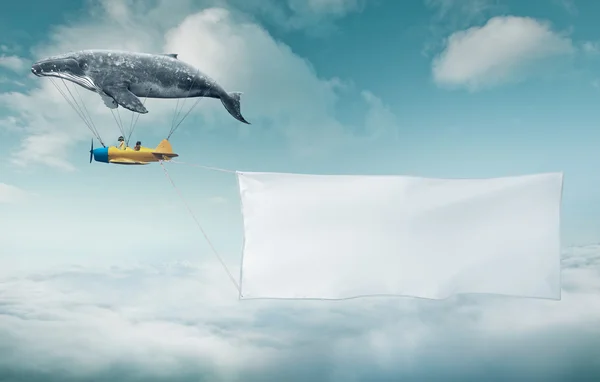 Ballena con aviones y dos niñas sobre bandera — Foto de Stock