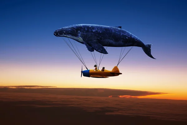 Whale with aircraft and two girls over clouds — Stock fotografie