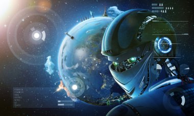 Robot with  planet Earth background clipart