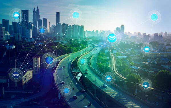 Smart city e concetto di comunicazione wireless — Foto Stock