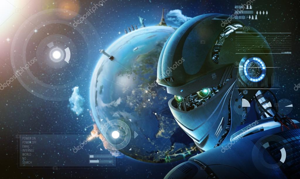 Robot with planet Earth background Stock Photo by ©jamesteohart 125942190
