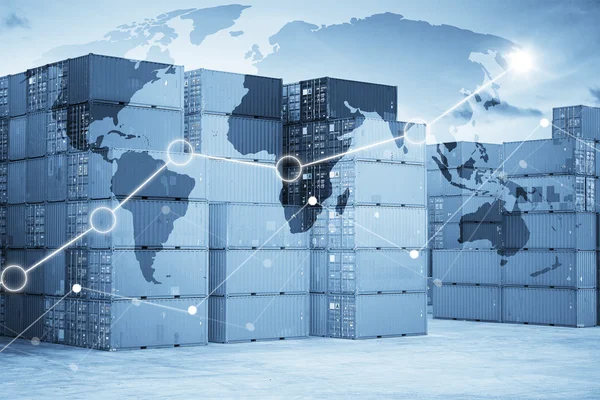 Intermodal containers with global map logistics — Stockfoto