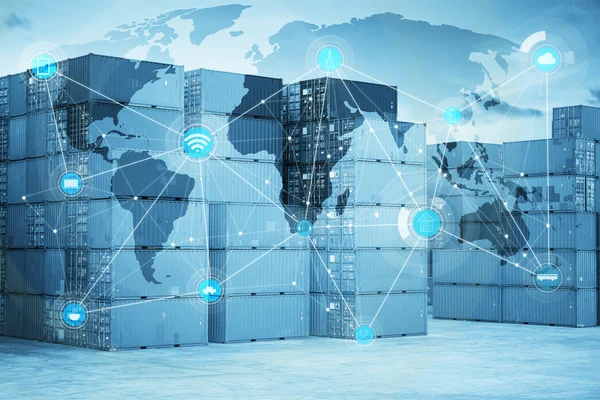 Intermodal containers with global map logistics — Stock Photo, Image