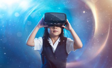 Girl wearing virtual reality goggles clipart
