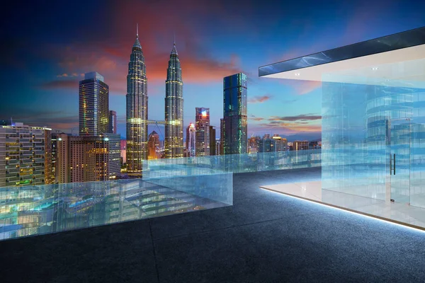 Empty glass balcony with kuala lumpur city skyline , night scene . — Stock Image Empty Glass Balcony Kuala Lumpur City Skyline Night Scene Stock Picture