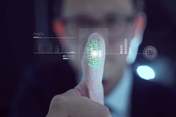 Young Businessman Scan Fingerprint Identity Analytics Concept Internet Future Immersive — Stock Photo, Image