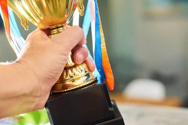 Junge Athletin Hält Einen Goldenen Pokal Die Höhe Mit Platz — Stockfoto