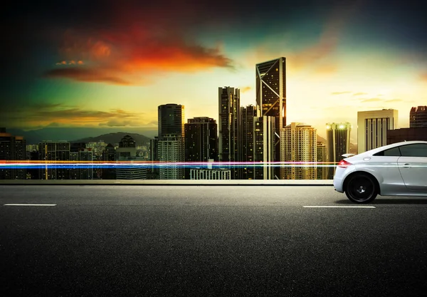 Sport Car Roadside Night Scene Modern City Background — Stock Photo, Image