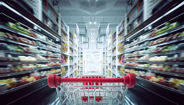 Red shopping cart with motion speed blurred