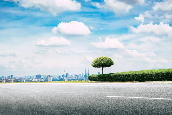 Вид Сбоку Асфальтированную Автостраду Маленькими Зелеными Деревьями Травой Фоне Современного — стоковое фото
