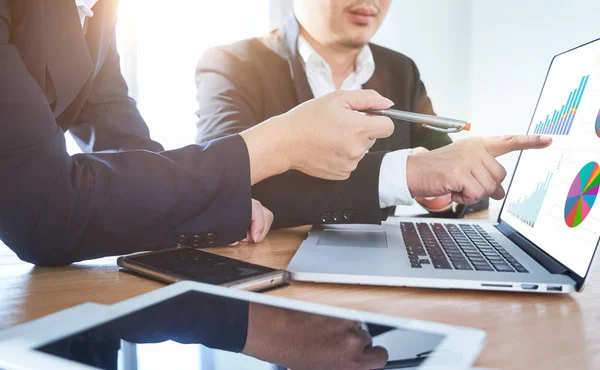 Two Businessmen Discussing Charts Graphs Showing Results Successful Project Digital — Stock Photo, Image