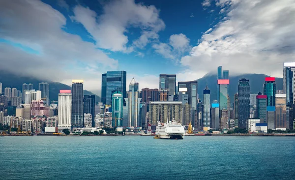 Hong Kong City Panorama Obchodní Centrum Dramatická Obloha — Stock fotografie