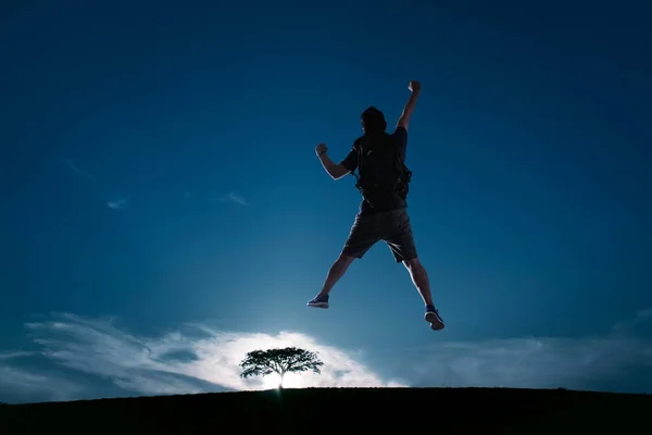 Silhouette Image Young Guy Cheer Jump Cold Tone Sunset Landscape — Stock Photo, Image