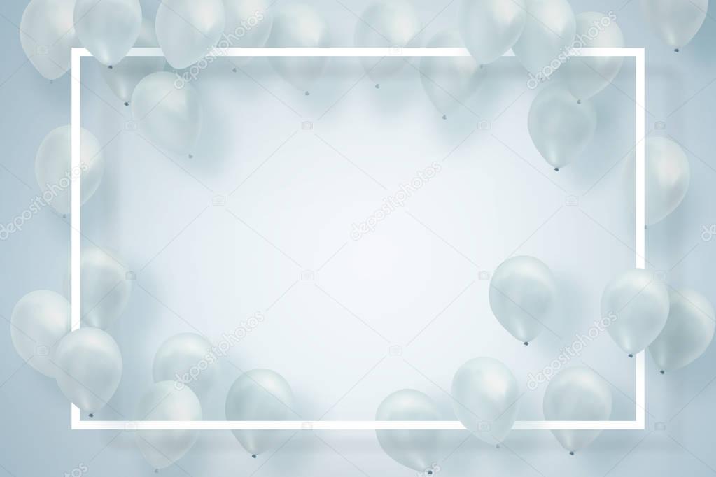 Silver white balloons on white background with square frame . creative paper card note layout concept .