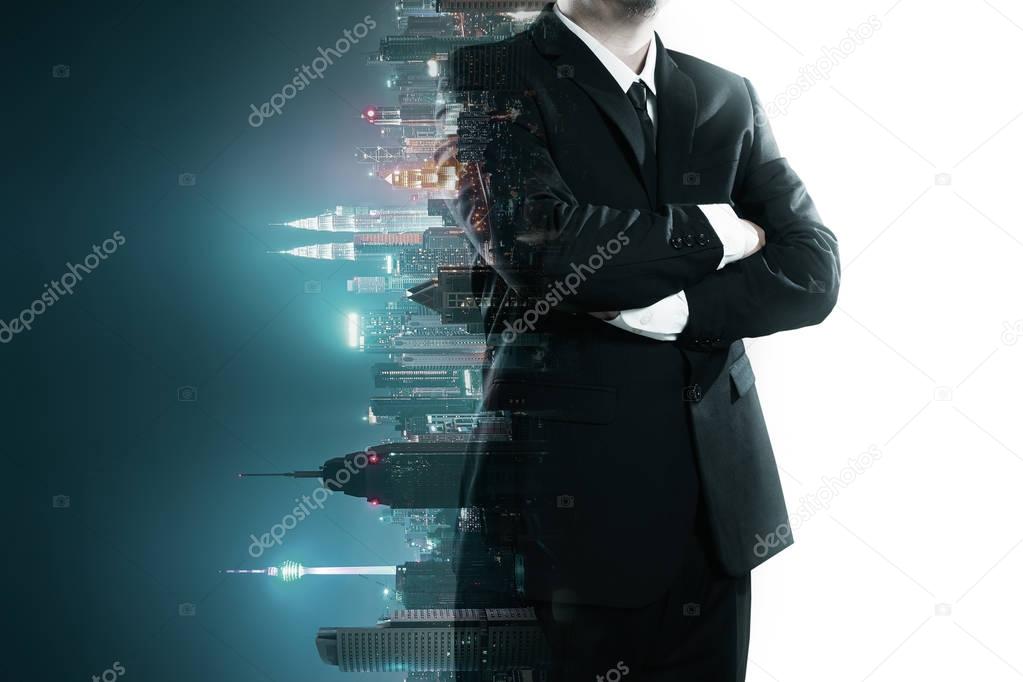 Abstract double exposure image of businessman man mix with flip night creative city background . Always stay connected concept .