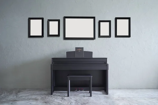 空の図枠と灰色の背景に黒のピアノ部屋 — ストック写真