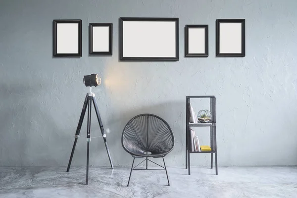 Room Five Empty Picture Frames Black Chair Lamp Stand Iron — Stock Photo, Image